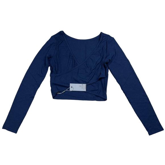 Women's Large Blue Long Sleeve Workout Gym Crop Top Deep V Neck Yoga Shirts - Picture 1 of 6